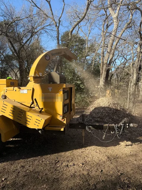 Yellow chipper blowing chips at the edge of a wooded lot